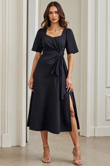 A Line Ruched Midi Navy Work Dress With Slit
